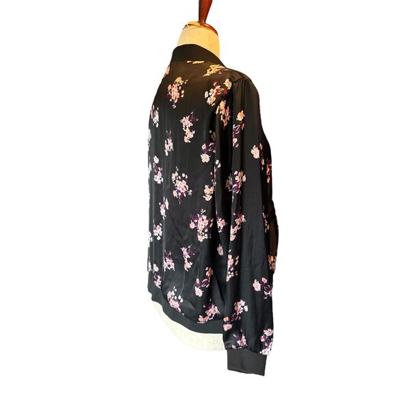 Ultra Flirt Satin Bomber Jacket Floral Black Pink Satin Zip Front Plus 1X - Picture 3 of 8